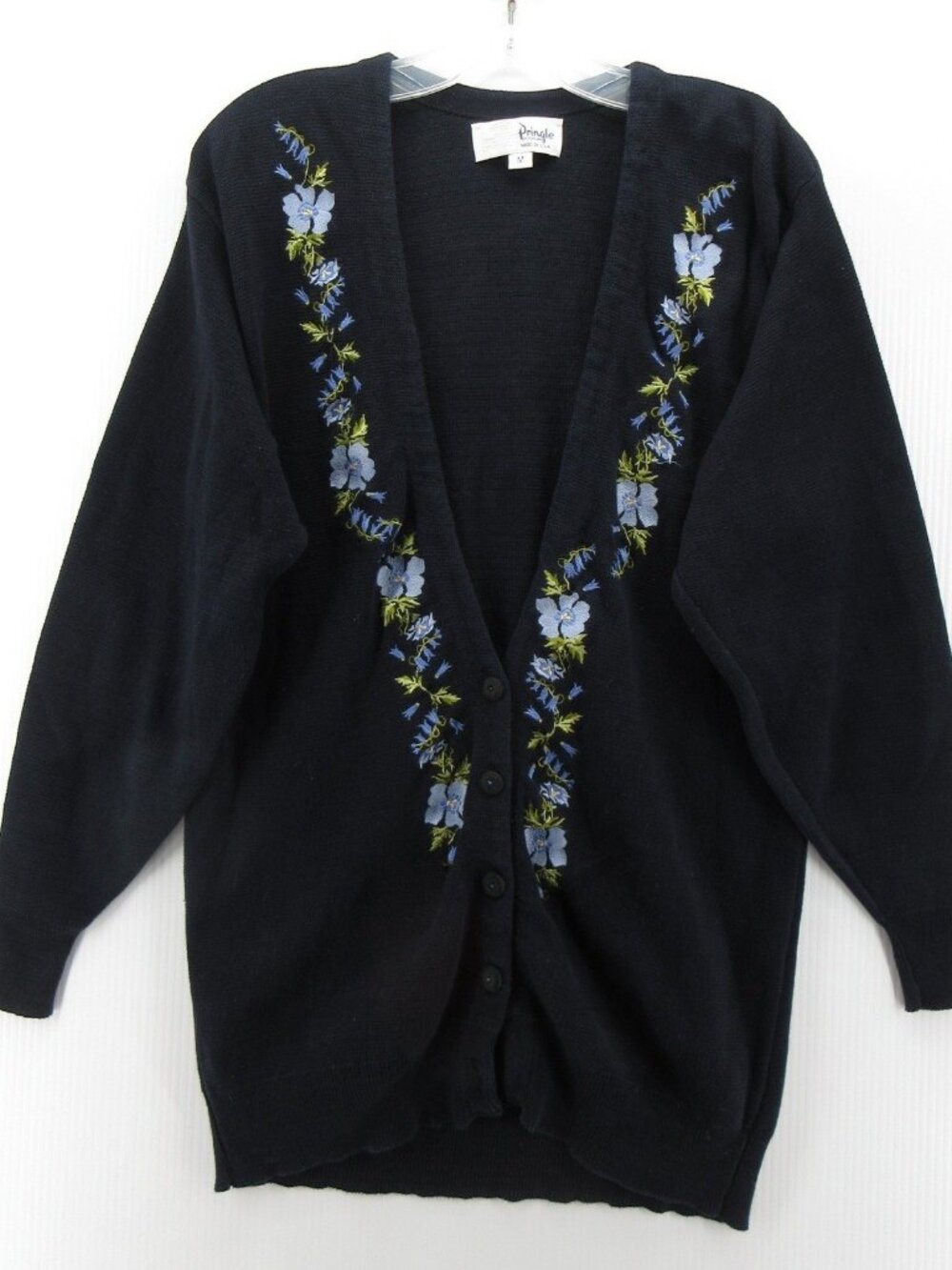 VTG Pringle of Scotland Sweater Medium Cardigan Floral Embroidered *